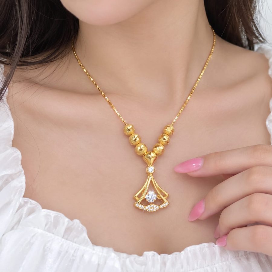 Elegant Gold-Plated Pendant Necklace for Women – Crystal Diamond Design with Golden Bead Chain