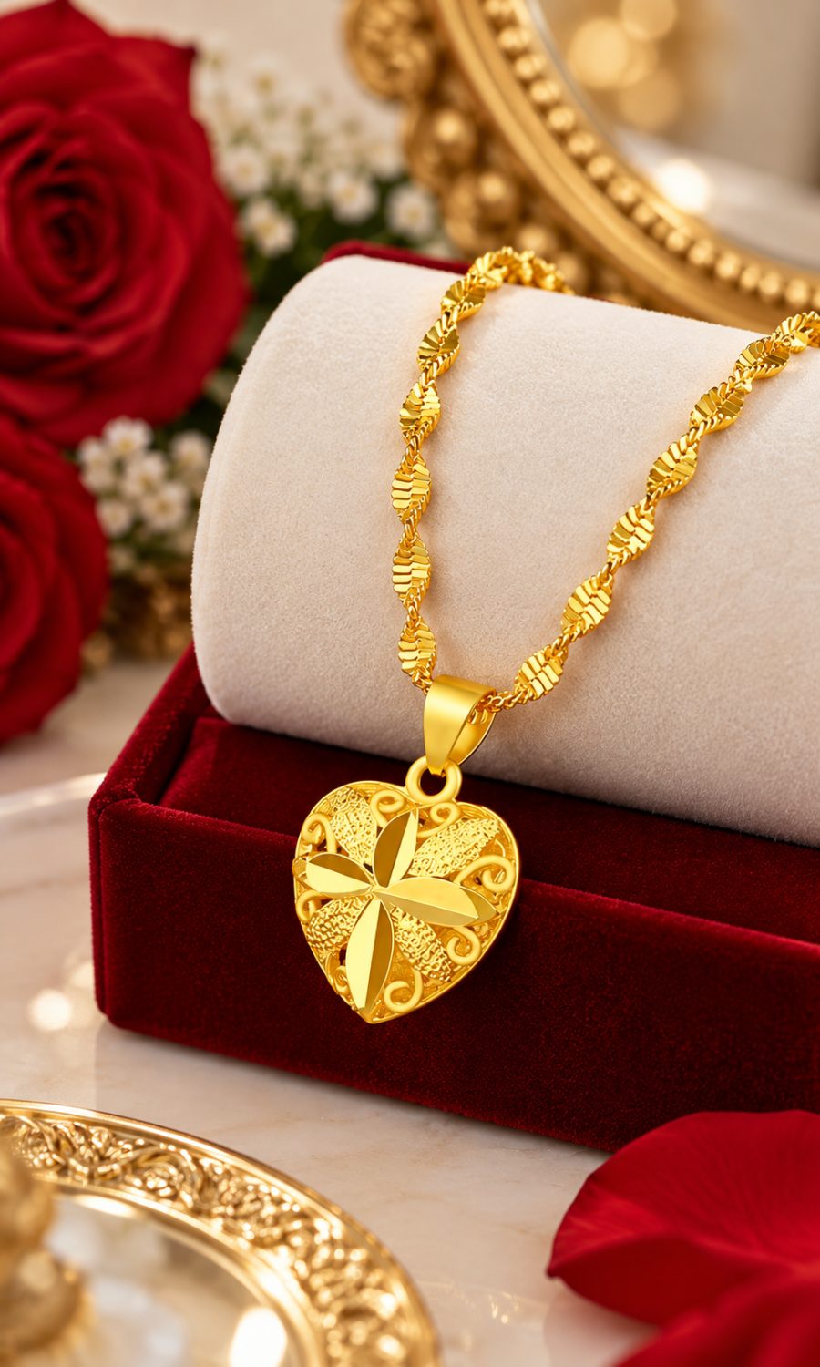 Elegant Gold Heart Pendant Necklace for Women – Floral Design Fashion Jewelry